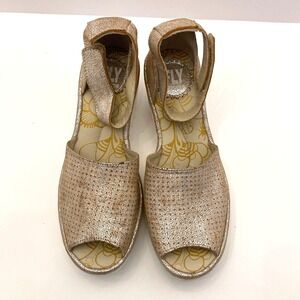 Fly‎ London Pearl Metallic Ankle Strap Wedge Sandal Perforated Leather 36 US 5.5
